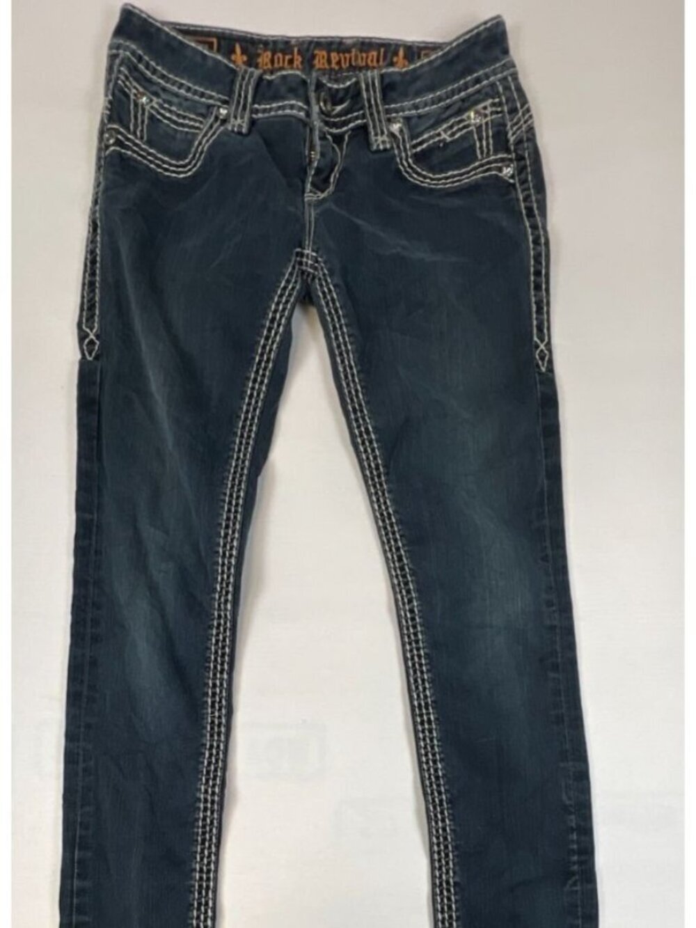 Rock Revival Women 27 Aida Skinny Jeans Buckle Exclusive Dark Blue Embroidered